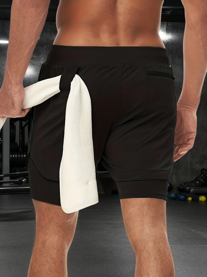 Men's 2-in-1 Fitness Training Sports Running Shorts Double Layer with Pocket Quick Dry Breathable Adjustable Drawstring Belt