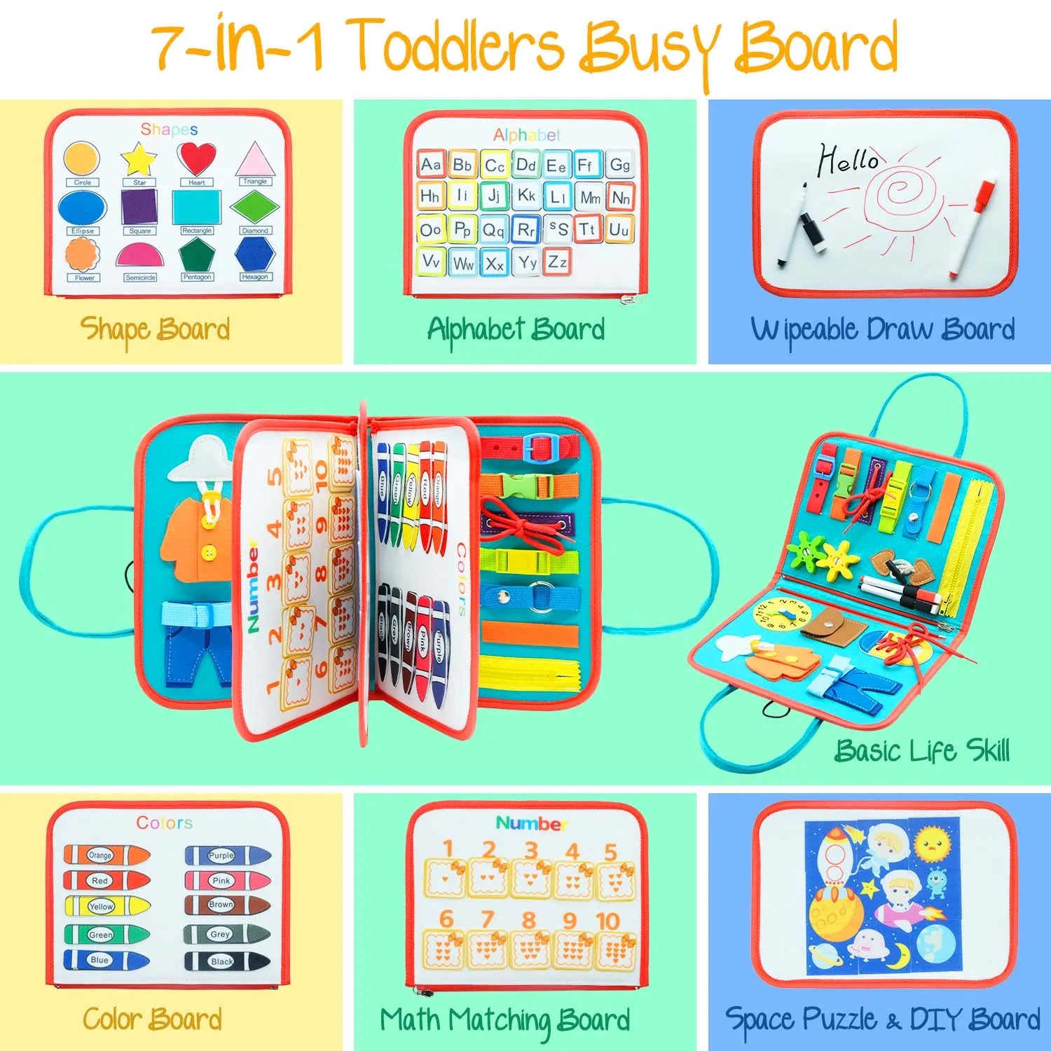 Tablero ocupado Montessori para niños pequeños, juguetes educativos sensoriales ocupados de 1 a 3 años, juguetes de viaje