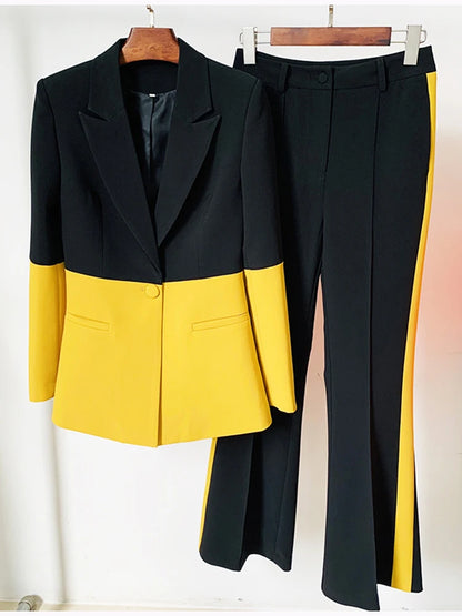 HIGH QUALITY Newest 2025 Star Style Fashion Designer Runway Suit Set Women's Single Button Color Block Blazer Flare Pants Suit