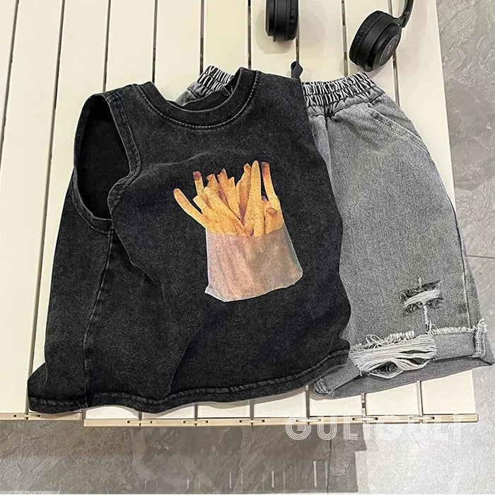 T-shirt Summer Wear Children Clothing Retro Black Cotton Handsome Boys Sleeveless Easy Vest Tide Tops 2024 Fashion Cool