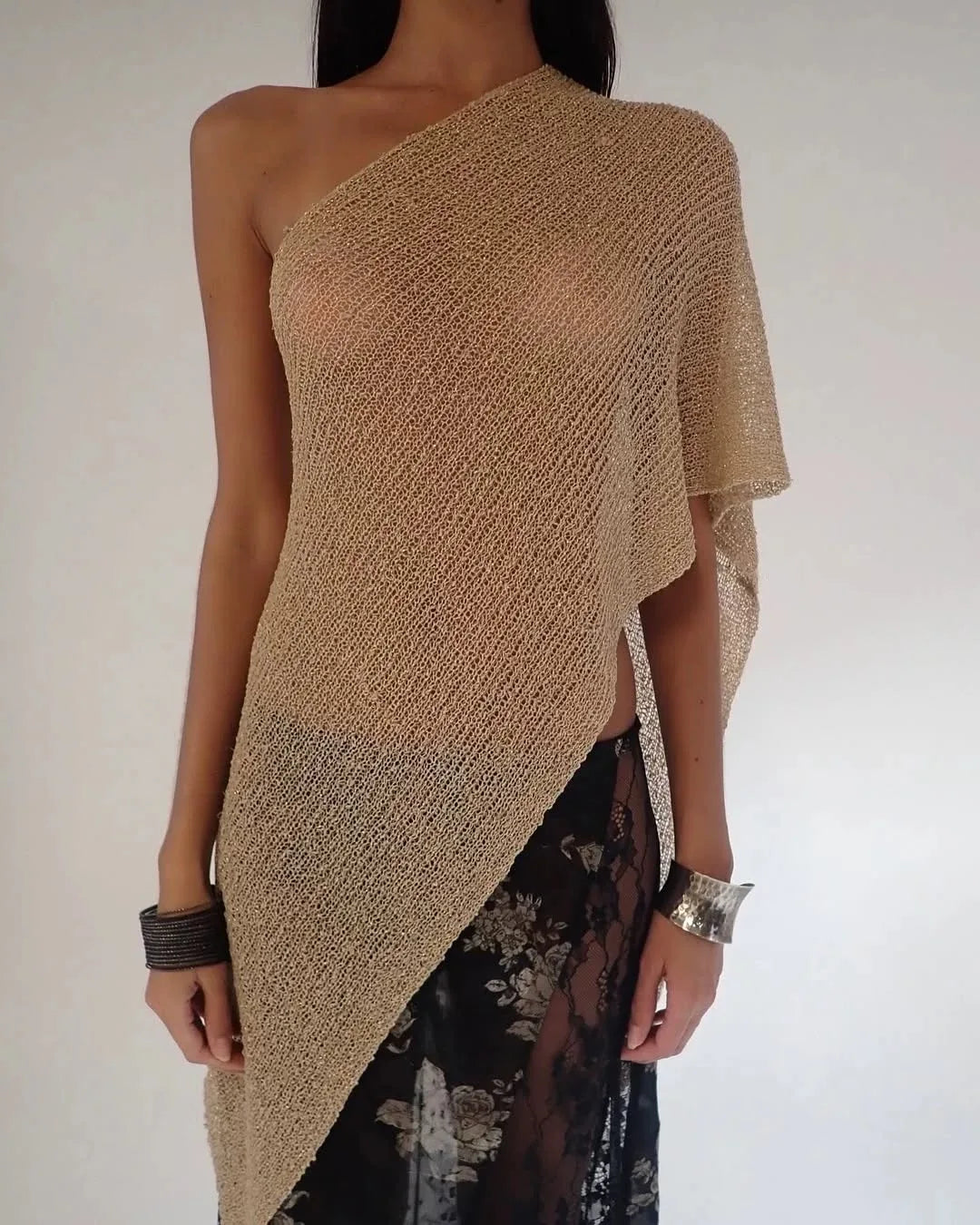 Jaded London Gold Knit Hollowed-Out One-Piece Top Halter Shawl Multi-Wear Holiday Style Halter