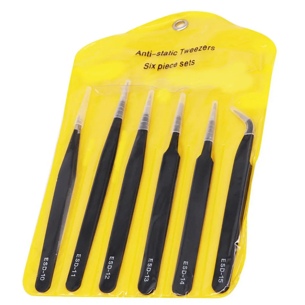 6 pinzas antiestáticas de acero inoxidable para mantenimiento de precisión, reparación industrial, modelismo curvo, herramienta manual.