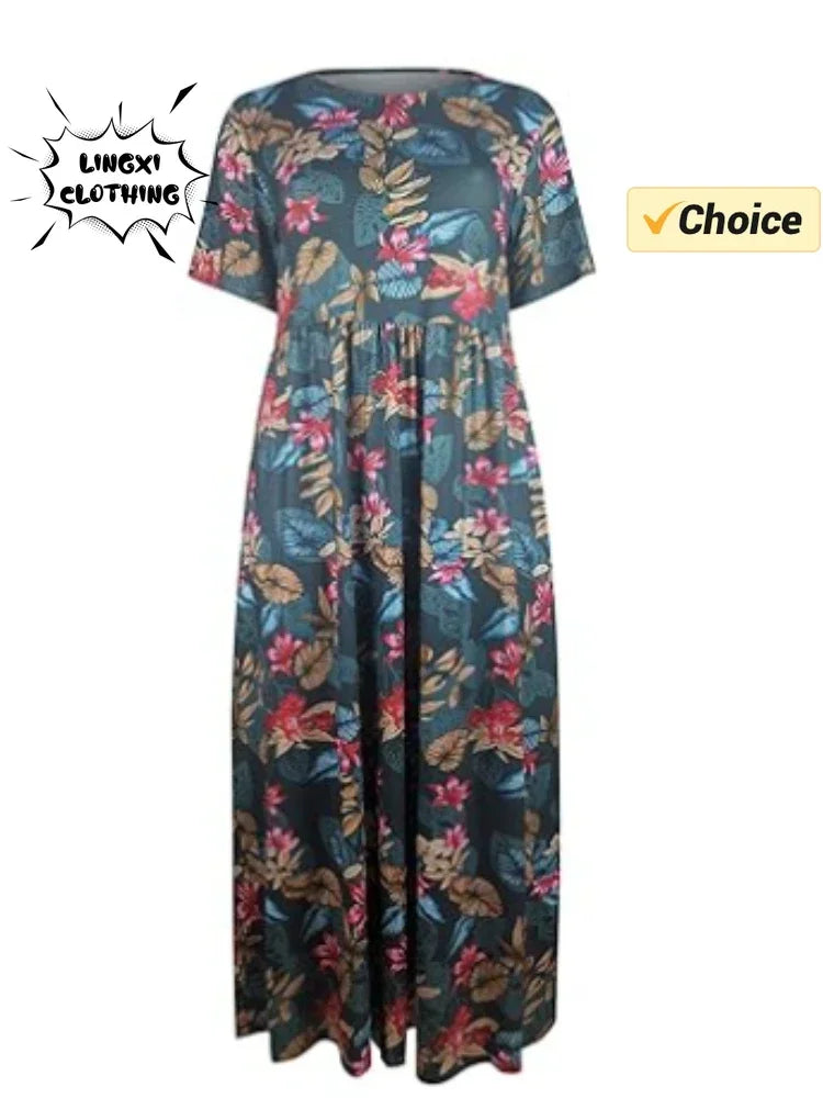 Vestido de festa elegante 2024 feminino elegante plus size saia solta em torno do pescoço manga curta retro impressão casual vestido longo feminino