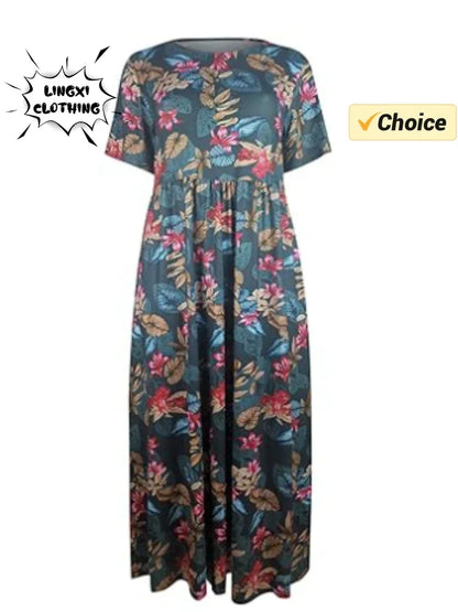 Vestido de festa elegante 2024 feminino elegante plus size saia solta em torno do pescoço manga curta retro impressão casual vestido longo feminino