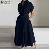 Women Summer OL Work Dress ZANZEA Elegant Short Sleeve Office Sundress Casual Solid A Line Buttons Holiday Vestidos Kaftan Robe
