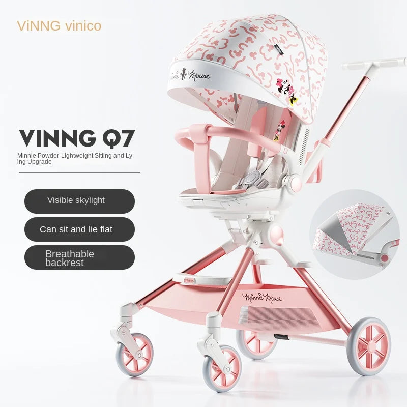 Pink Newborn Stroller can sit or lie down 0-6 years old Children Lightweight Folding Boardable Travel 360 ° Steering Stroller