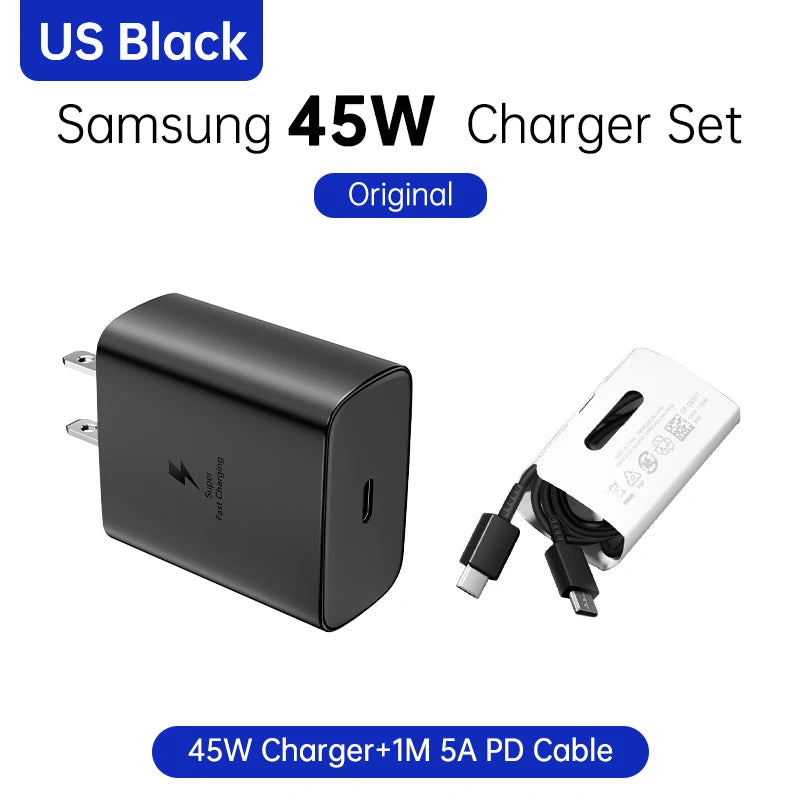 Cargador de pared Samsung PD de 45 W, carga superrápida, original de EE. UU., cable USB C a tipo C de 5 A, para Galaxy S25, S24, S23, S22 Ultra, A54, A53 y Note20.
