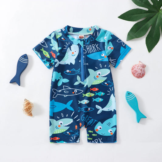 Traje de baño de verano para bebés y niños pequeños con estampado de tiburón Rush Guard, bonito traje de baño de manga corta con cremallera, mono infantil