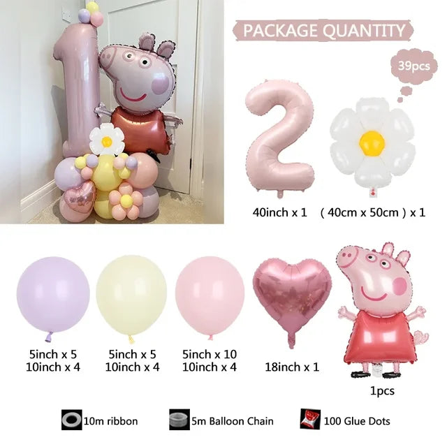 Peppa Pig Foil Balloon, Pink Number, Daisy Heart, Macaron Latex Globos for Girl, Birthday Party Decoration, 40", 39Pcs 