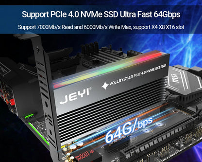 JEYI VolleyStar PCIE To NVMe Adapter With Aluminum Alloy  Heatsink, M.2 RGB PCIe 4.0 Card With 1/2U Low Standard Profile Bracket