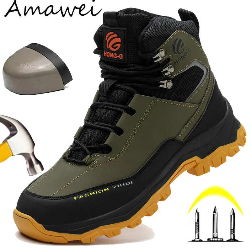 Rotary Buckle Men's Work Boots Safety Steel Toe Indestructible Shoes Anti-smash Puncture-Proof Work Shoes 38-47