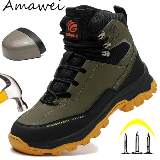 Rotary Buckle Men's Work Boots Safety Steel Toe Indestructible Shoes Anti-smash Puncture-Proof Work Shoes 38-47