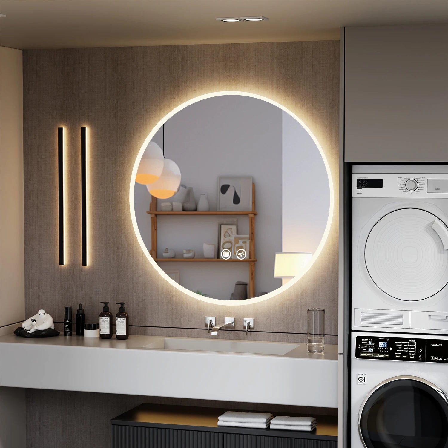 Round LED Bathroom Mirror with Lighting and Anti-Fog, Dimable Wall Makeup mirror Built-In fuse for Bathroom Makeup mirror