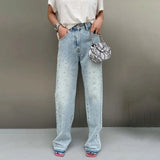 BKQU - Pantalones vaqueros rectos y holgados para mujer, cintura alta, pierna ancha, con diamantes de imitación, largos, moda urbana 2021, pantalones brillantes con diamantes