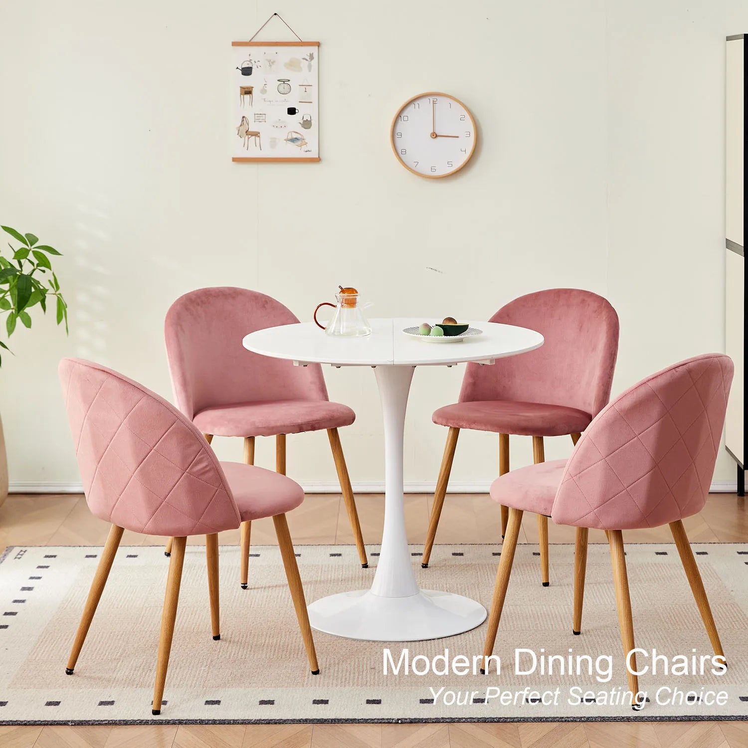 A Set of 4 Dining Chairs With Soft Velvet and Metal Legs, Suitable for Kitchen, Dining Room, Living Room, Lounge (Pink/Green/Blue)
