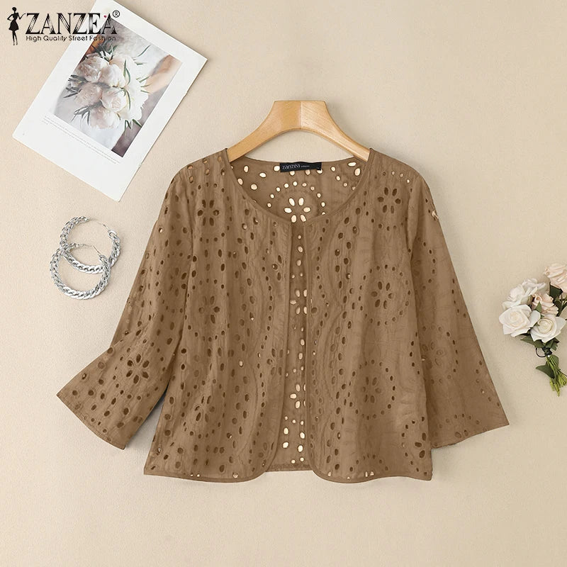 Stylish Autumn Hollow Out Cardigans ZANZEA Women Embroidered Blouse Elegant Shirts 2025 Fashion 3/4 Sleeve Kimonos Slim Fit Tops