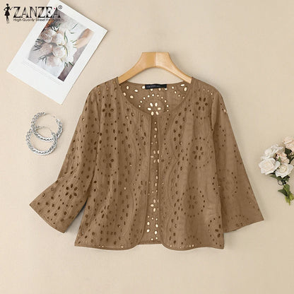 Stylish Autumn Hollow Out Cardigans ZANZEA Women Embroidered Blouse Elegant Shirts 2025 Fashion 3/4 Sleeve Kimonos Slim Fit Tops