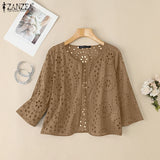 Stylish Autumn Hollow Out Cardigans ZANZEA Women Embroidered Blouse Elegant Shirts 2025 Fashion 3/4 Sleeve Kimonos Slim Fit Tops