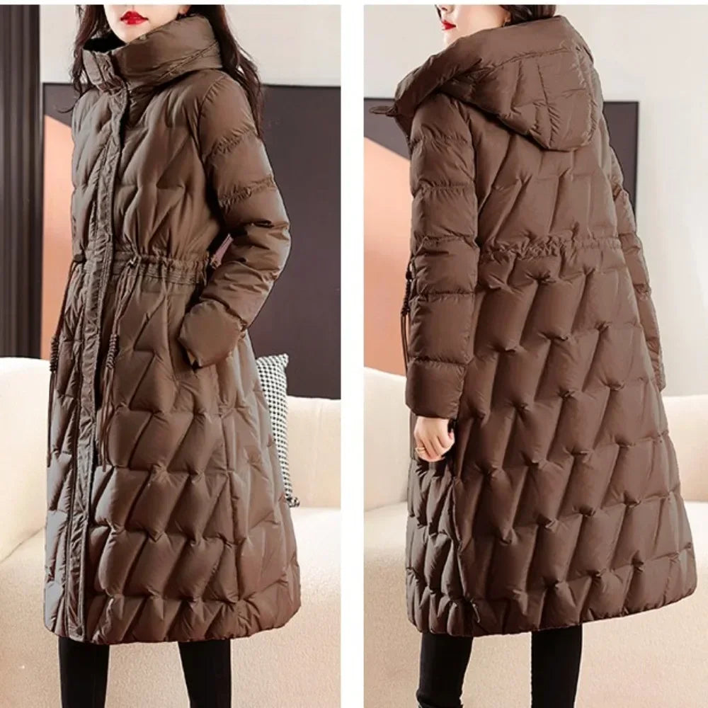 2024 Jacket Women Hooded Parkas Casual Long White Duck Down Jacket Winter Coat Female Drawstring Zipper Outerwear Slim Coats