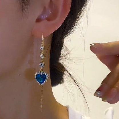 Blue Heart Shaped Zircon Long Tassel Gold Color Ear Wire for Women Elegant Exquisite Temperament Ladies Wedding Party Jewelry