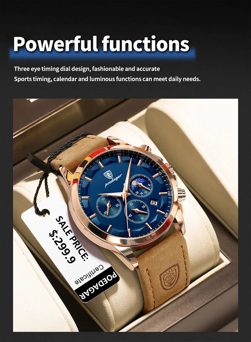 POEDAGAR Genuine Leather Men's Watch Fashion Luminous Calendar Stopwatch Male Clock Waterproof Moon Phase Quartz Wristwatch Man