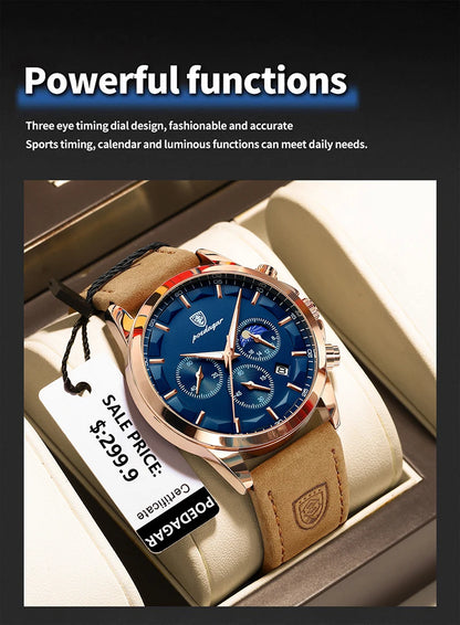 POEDAGAR Genuine Leather Men's Watch Fashion Luminous Calendar Stopwatch Male Clock Waterproof Moon Phase Quartz Wristwatch Man