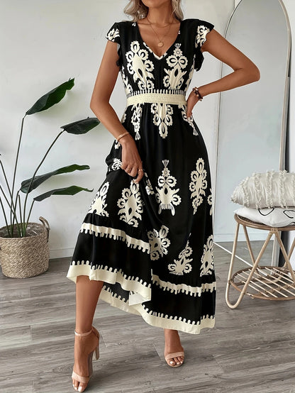 Plus size feminino elegante decote em v maxi vestido padrão geométrico manga curta saia plissada poliéster casual passeio