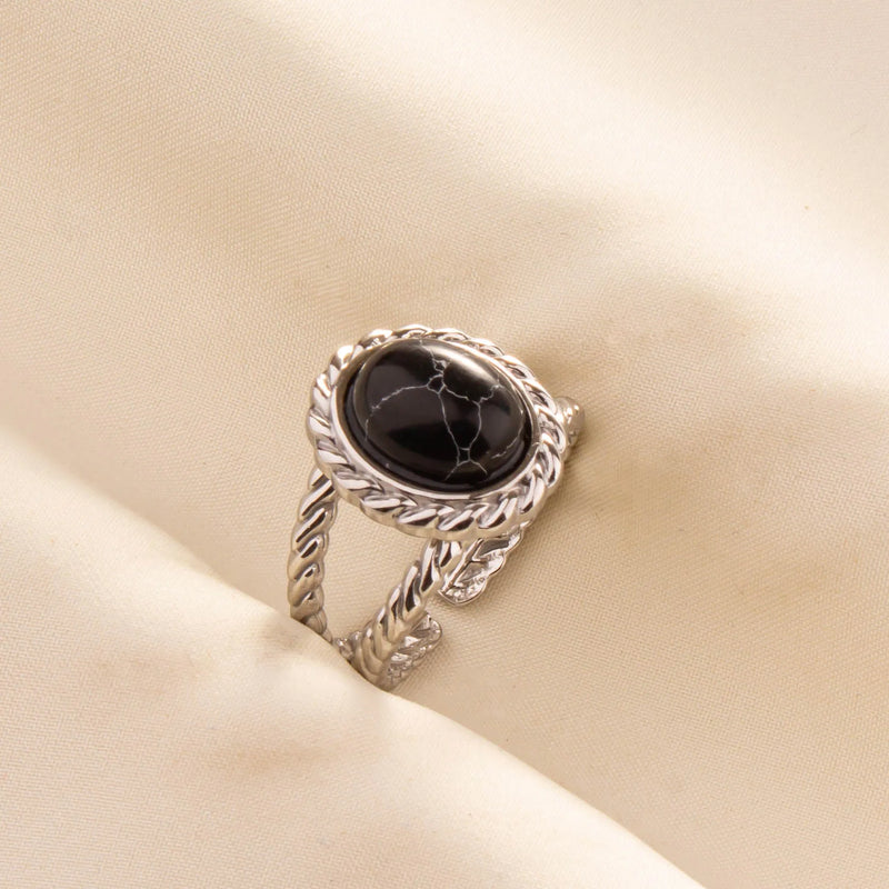 1pc Boho Turquoise Ring Stainless Steel Black Stone Silver Color Adjustable Ring Women Ethnic Ring Bohemian Jewelry Gift No Fade