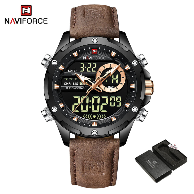 NAVIFORCE Luxury Original Watches For Men Casual Sport Chronograph Alarm Quartz WristWatch Leather Waterproof Digital Clock 9163