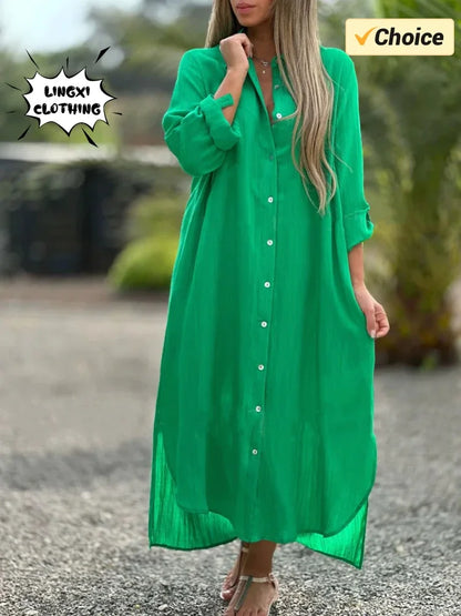 Vestido longo de algodão e cânhamo feminino, camisa elegante, manga longa casual, estilo praia, plus size, verão, novo
