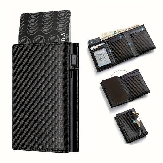 Men's Wallet with Zipper Coin Purse Automatic Pop-up Metal Credit Card Holder Minimalist RFID Blocking Business Card Wallet Idea