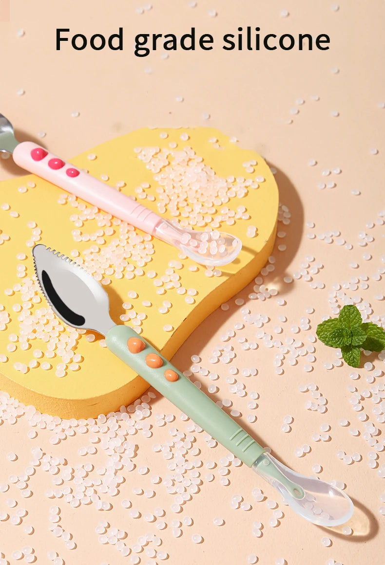 Baby Fruit Scraping Mud Spoon Double Head Silicone Stainless Steel Children Utensil Toddler Infant Food Eating Feeding Tableware