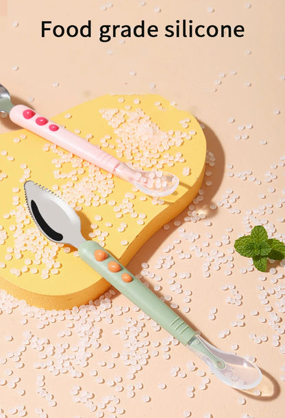Baby Fruit Scraping Mud Spoon Double Head Silicone Stainless Steel Children Utensil Toddler Infant Food Eating Feeding Tableware
