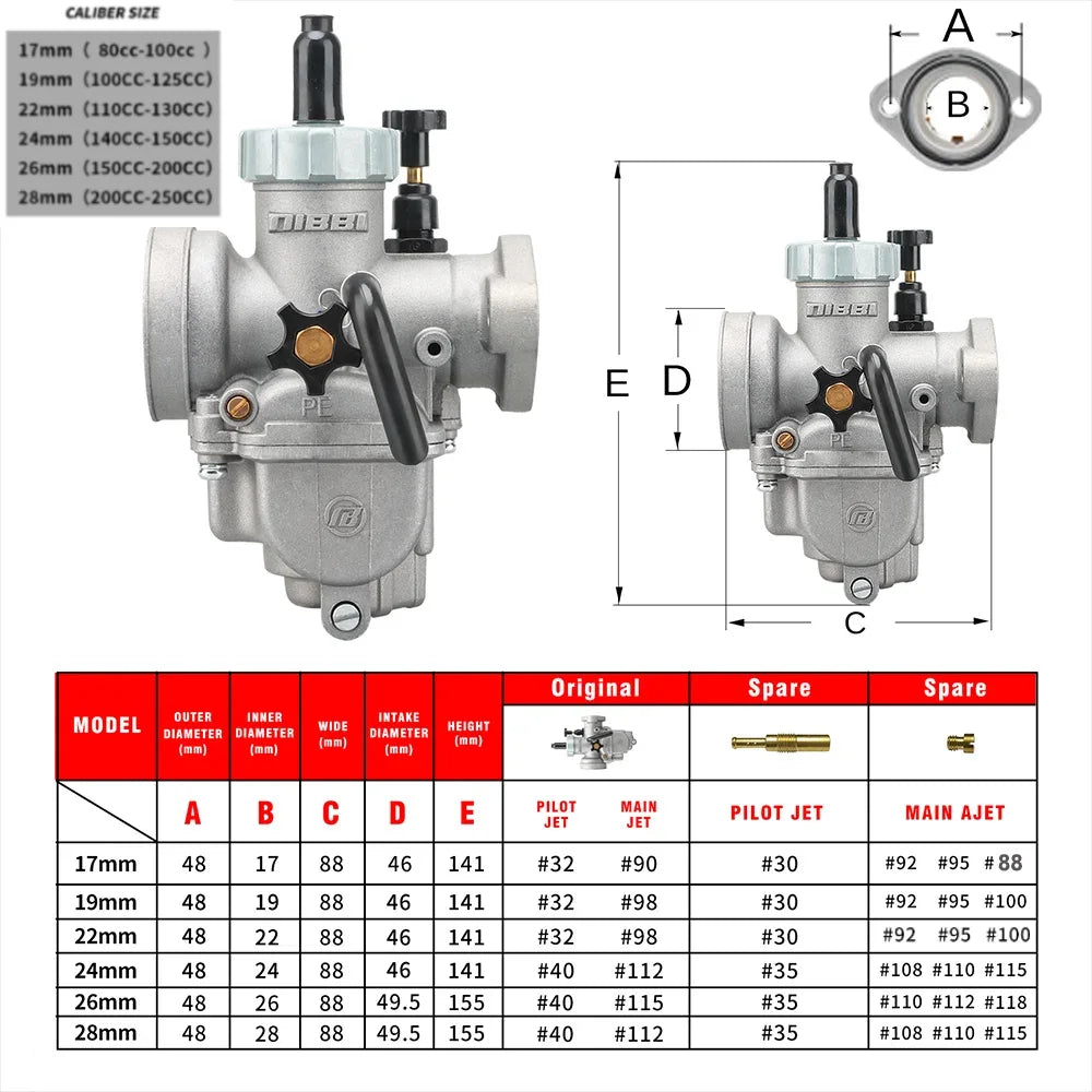 NIBBI PE19mm/PE22mm/PE24mm/PE26mm/PE28mm Flange Carburetor for Motorcycle 2T 4T GY6 Engine 100cc-250ccATV Yamaha Racing Pitbike
