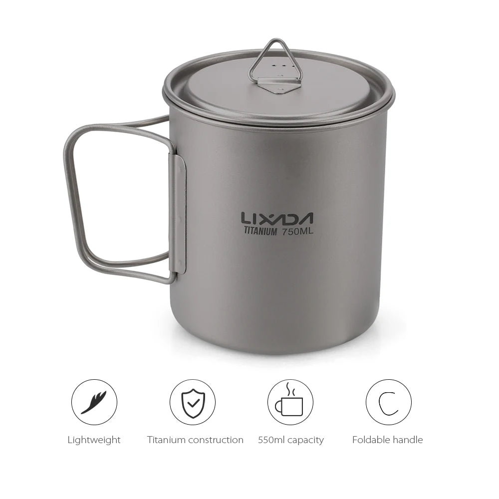 Taza de agua ultraligera de titanio Lixada con asa plegable, portátil para exteriores, camping, picnic, 300 ml/350 ml/550 ml/650 ml