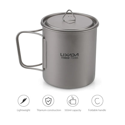 Taza de agua ultraligera de titanio Lixada con asa plegable, portátil para exteriores, camping, picnic, 300 ml/350 ml/550 ml/650 ml