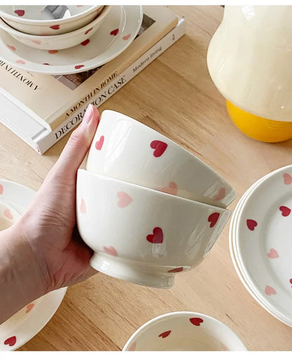 Heart-shaped Ceramic Dinnerware Set, Dinner Plate, Rice Salad Bowl, Coffee Mug, Japanese Love, Warm Gift for Valentine day