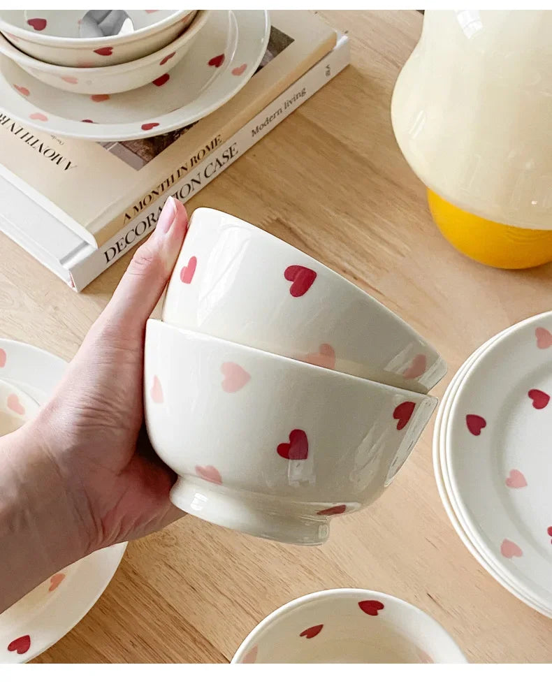 Heart-shaped Ceramic Dinnerware Set, Dinner Plate, Rice Salad Bowl, Coffee Mug, Japanese Love, Warm Gift for Valentine day
