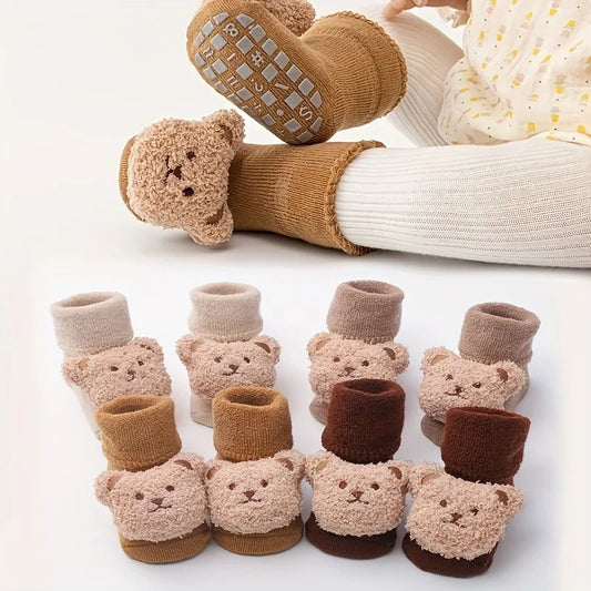 Cute Cartoon Bear Newborn Baby Socks For Boys Girls Winter Soft Cotton Anti Slip Solid Toddler Sock Kids Thicken Socken