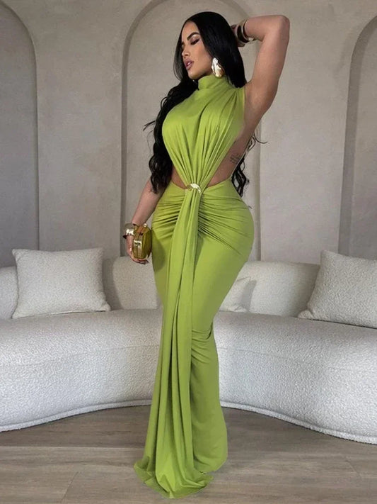 XIZOU - Vestido largo ajustado con escote redondo y fruncido para mujer, vestido largo sexy y elegante con abertura alta para fiesta de noche y club 2024
