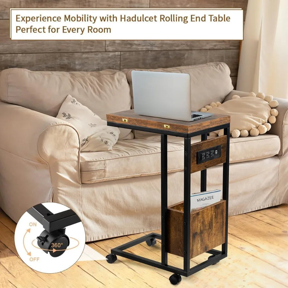 C Table End Table, Laptop Tables Couch Tables That Slide Under with Wheels, Foldable TV Dinner Table