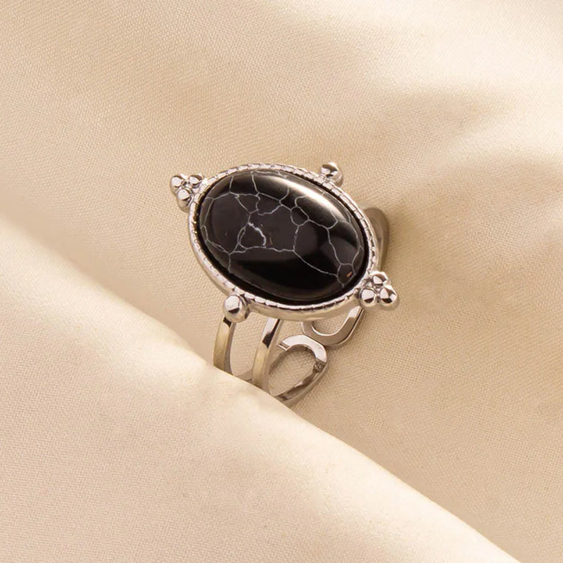 1pc Boho Turquoise Ring Stainless Steel Black Stone Silver Color Adjustable Ring Women Ethnic Ring Bohemian Jewelry Gift No Fade