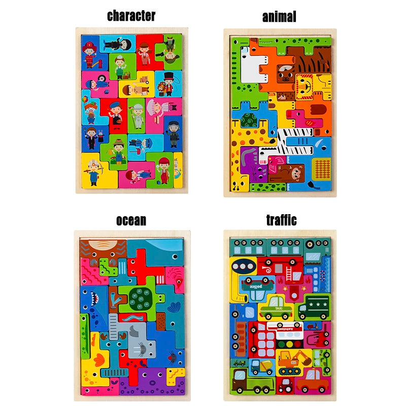 Montessori Animal Characters Transportation Wooden Puzzle Russian Blocks Cute Animals Puzzle Toys Occupation