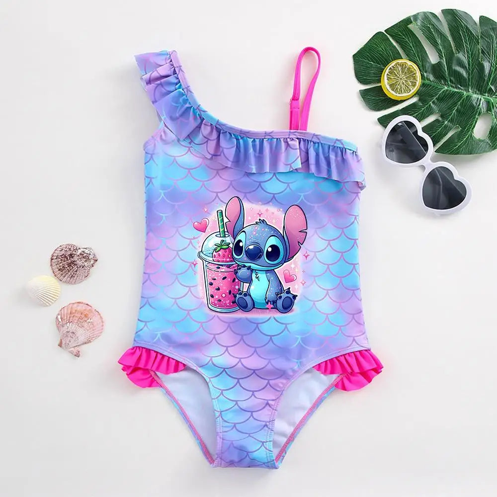 Traje de baño de una pieza con estampado de escamas de sirena para niña pequeña de Lilo Stitch, traje de baño para playa