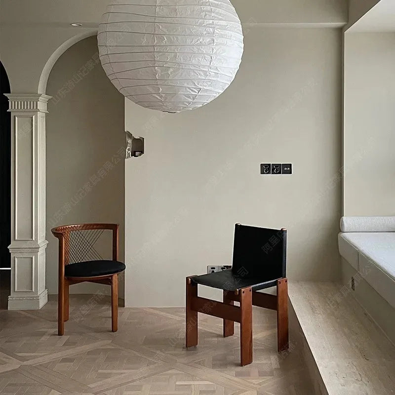 Medieval monk chair home solid wood dining chair designer homestay industrial wind wabi-Sabi oil wax leather back