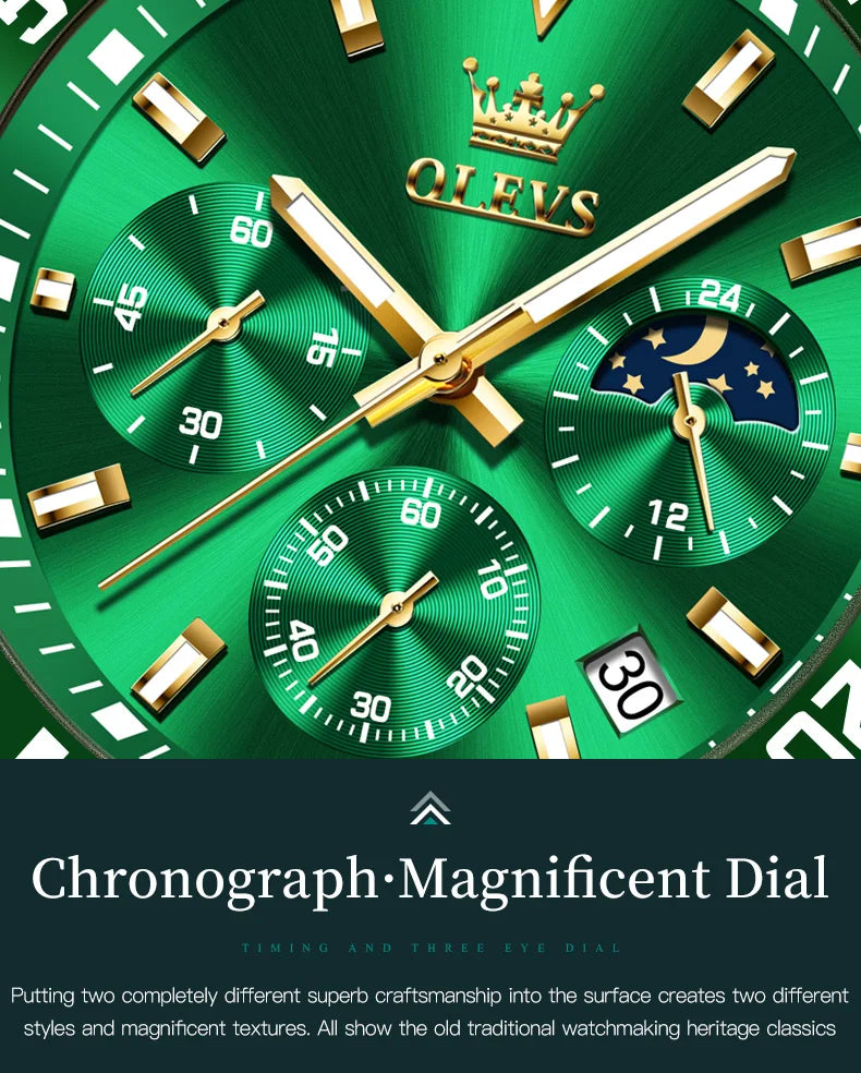 OLEVS 2870 Men's Watch Top Brand Luxury Watch for Men Original Waterproof Stainless Steel Chronograph Moon Phase Date Rota Dial