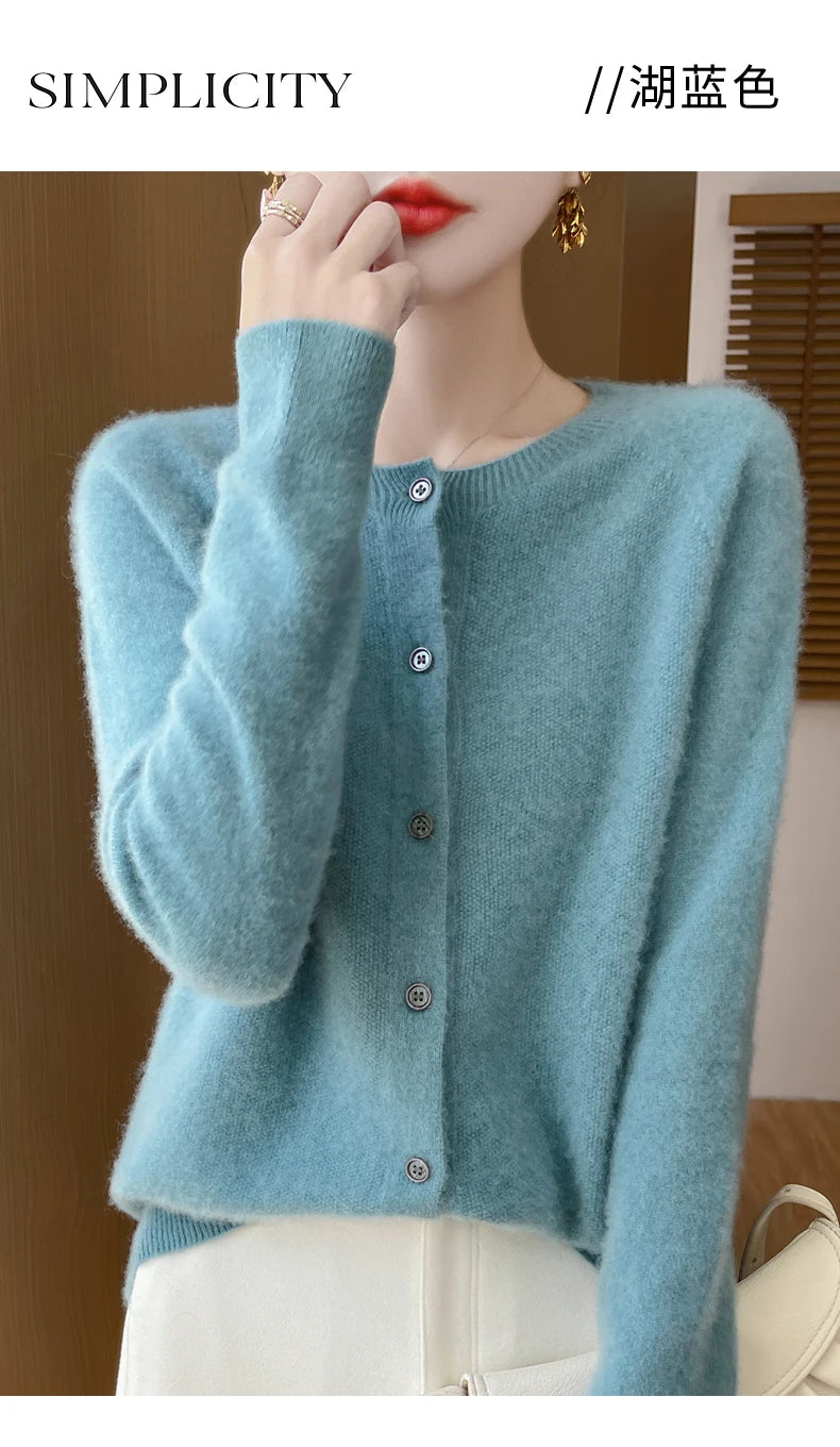 100% Merino Wool Long Sleeve Sweaters Cashmere Cardigan Spring Autumn Women O-Neck Knitwear Tops Clothing Fashion Basic Tops