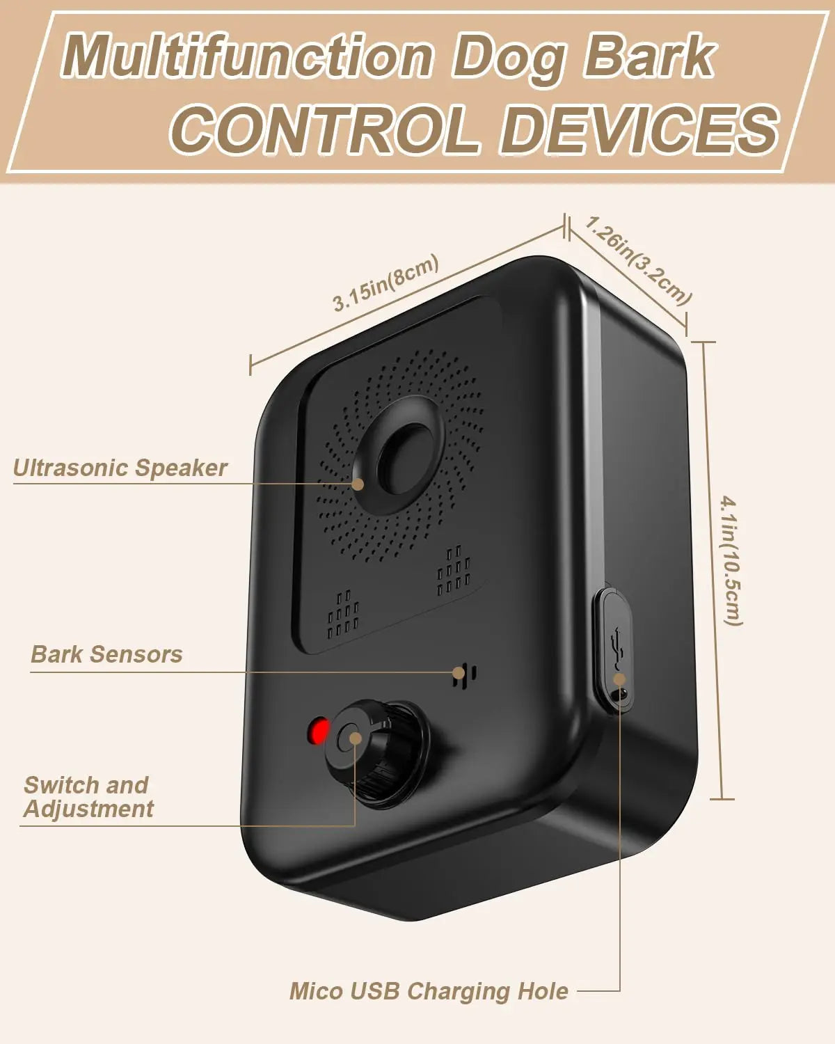 Dispositivo automático antiladridos para el control de ladridos de perros, dispositivo ultrasónico recargable para disuadir los ladridos de perros, para exteriores e interiores.