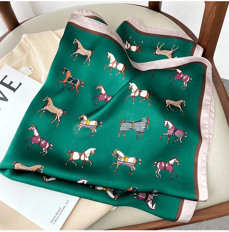 2024 Horse Print Female Silk Neck Scarf Square Hair Scarves Foulard Head Band Shawls Wraps Neckerchief Bandana Women
