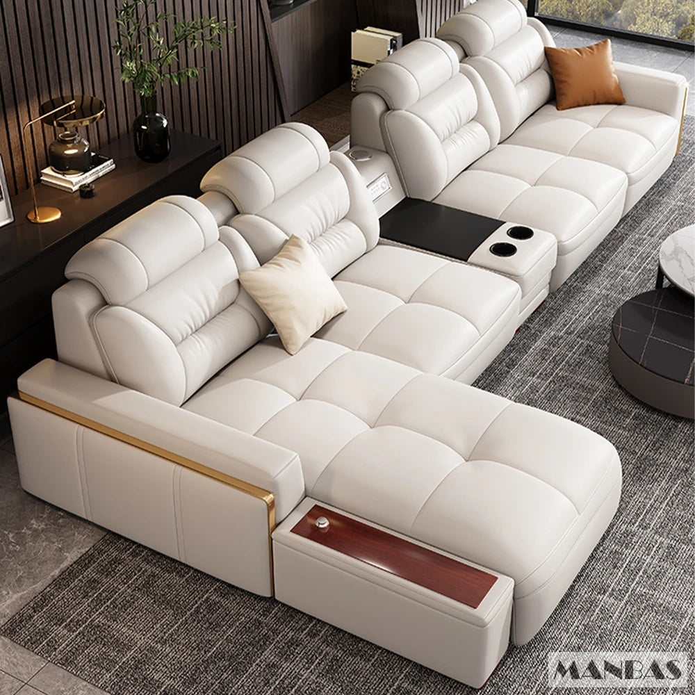 Juegos de sofás seccionales de cuero genuino italiano de primera calidad, sofás con USB y altavoz Bluetooth - Muebles de sala Linlamlim